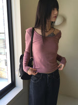 GtelヴィンテージストライプディープUネック長袖Tシャツ