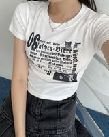 キャットビンテージプリントクロップショートスリーブTシャツ