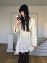 【MADE】フルートリボンストラップパンチングウェーブニットワンピース