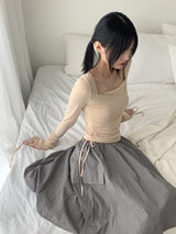 Pania Balletcore Shirring Pleated Strap Square Neck Cropped Long-Sleeved T-Shirt