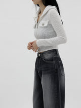 ミニポケットニットフードジップアップ / Mini pocket knit hood zip-up (2color)