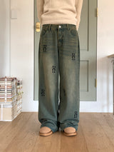 ペールヒップレタリングウォッシュドワイドデニムパンツ