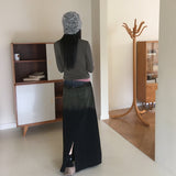 Toojen Unique Coloring Layered Back-Slit Washed Denim Long Skirt