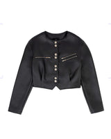 フェイクレザークロップドジャケット/Faux-Leather Cropped Jacket _ Black