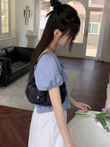 Tizen ribbon shirring puff flare crop denim short-sleeved blouse