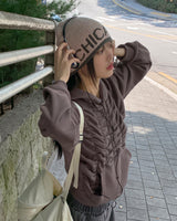 Bolt Napping Shirring Pleated Cropped Long-Sleeved Hoodie T-Shirt