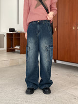 [S~3XL] ポーションロングワイドデニムカーゴパンツ