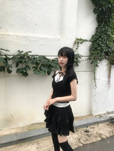 ロマンティックラブリーリボンチョーカーフリルリブドTシャツ