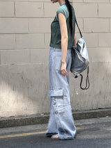 ビソップサマーフードファブリックワイドカーゴデニムパンツ / Bisopp Summer Hooded Fabric Wide Cargo Denim Pants