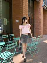 Blang shirring button puff crop short-sleeved blouse