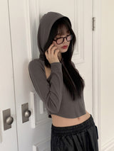 Pixie Shoulder Slit Cropped Long-Sleeved Hoodie T-Shirt