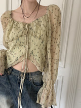 シフォンフラワーリボンストリング長袖ブラウス / Pyuti Chiffon Flower Ribbon String Long-Sleeved Blouse