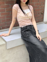 リワンピンクシースルーレースリボンスクエア半袖Tシャツ / Liwan Pink See-through Lace Ribbon Square Short Sleeve T-shirt