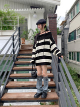 Dolche Boxy Striped Off-Shoulder Long-Sleeved Knitwear