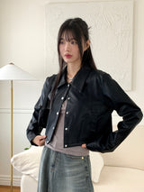 [MADE] Lawson wide collar slim crop crack leather leather jacket