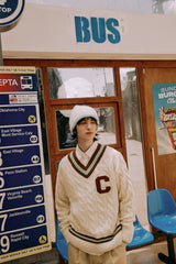 ブラウンCワッペン ミントラインVネックニット・アイボリー［ユニセックス］/ Brown C Patch Mint Line Ivory Unisex V-Neck 