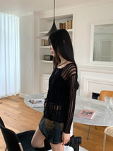 Raon see-through damage corset long sleeve crop knit