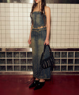 デニムパネルドロングスカート / DENIM PANELLED LONG SKIRT (BLUE)