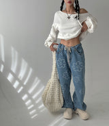 Flower string denim wide pants