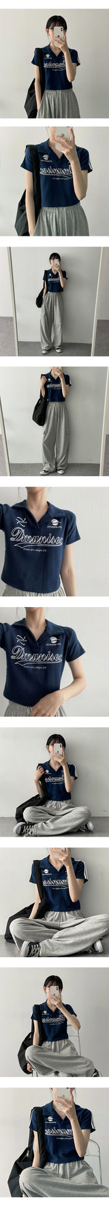 デノカラードラインカラークロップドショートスリーブTシャツ / deno colored line collar cropped short sleeve T-shirt