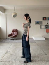 パミンストライプクロップオフショルダー半袖Tシャツ / Pamin Stripe Crop Off-Shoulder Short-Sleeved T-Shirt