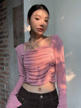 Must-have shirring long-sleeved T-shirt