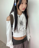 アイレットショルダースリットプリントクロップドロングスリーブフーディTシャツ