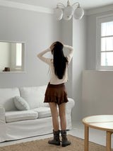 Twill ribbon strap off-shoulder slit cropped long-sleeved T-shirt