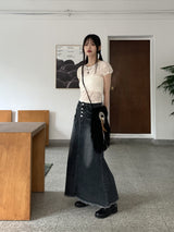 マーブルボタンポケットAラインロングデニムスカート/Muffled button pocket A-line long denim skirt