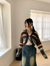 Rules angora fur color combination striped knit cardigan