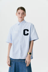 Cパッチユニセックス半袖オクスフォードシャツ / C Patch Short-Sleeved Unisex Sky blue Oxford Shirt
