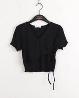 Juri Ruffle Ribbon Wrap Strap Cropped Short Sleeve T-shirt