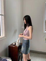 ケロスリットストレートポケットデニムミニスカート / Kelo Slit Straight Pocket Denim Mini Skirt
