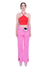 2ウェイホルタースパンクロップスリーブレストップ/2-way halter span crop sleeveless top (red)