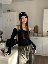 ブラックオフザショルダーバックレストップ