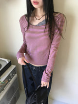 GtelヴィンテージストライプディープUネック長袖Tシャツ