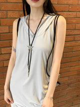 スクエアサイドストリングロングフードノースリーブシャツ / square side string long hooded sleeveless shirt