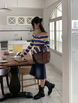 Liche Y2K Stripe Collar Two-Way Knitwear Off-Shoulder Zip-Up Cardigan
