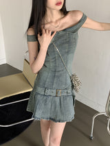Raphim Off Shoulder Low Belt Pleated Mini One Piece