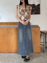 Catcher String Checker Square Neck Crop Short-Sleeve T-Shirt