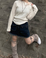 ワッフルカットアウトダイアゴナルニットフード / Waffle cut diagonal knit hood