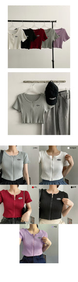 ピーチリブドエンブロイダリーラウンドショートクロップドジップアップ / Peach's Ribbed Embroidery Round Short-Sleeved Cropped Zip-up