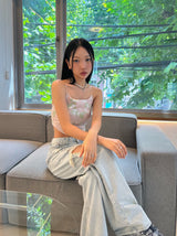 シルクピンクフラワースリーブレストップ