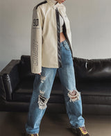 (UNISEX) ナイン 配色 レーシング レザージャケット
