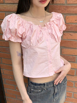 Blang shirring button puff crop short-sleeved blouse