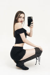 フラップメッシュリボントップ / [Seow] Flap mesh ribbon top, black