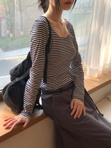 TL ストライプディープUネックロングTシャツ