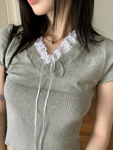 Chetshire y2k lace ribbon string V-neck short sleeve knit