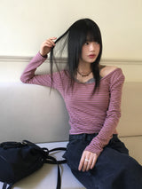 GtelヴィンテージストライプディープUネック長袖Tシャツ