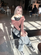 グランジウォッシングオフショルダークロップ2wayジップアップ